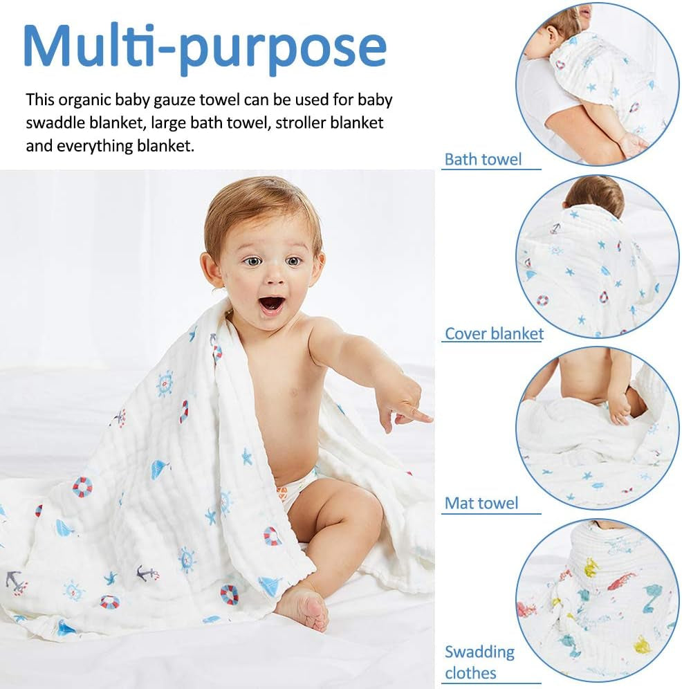 Set of 2 Baby Bath Towels Muslin Baby Blanket, 6 Layer 41.5" X 41.5" Muslin Cloths Cotton Extra Soft Wash Cloth (Colour Random)