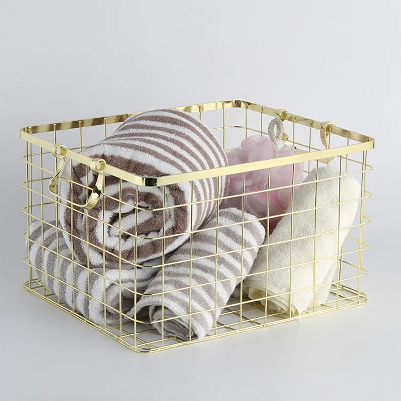 Creative Modern Nordic Style with Handle Gold Household Simple Storage Basket Rose Gold Household Iron Laundry Rack LB93013 Lid