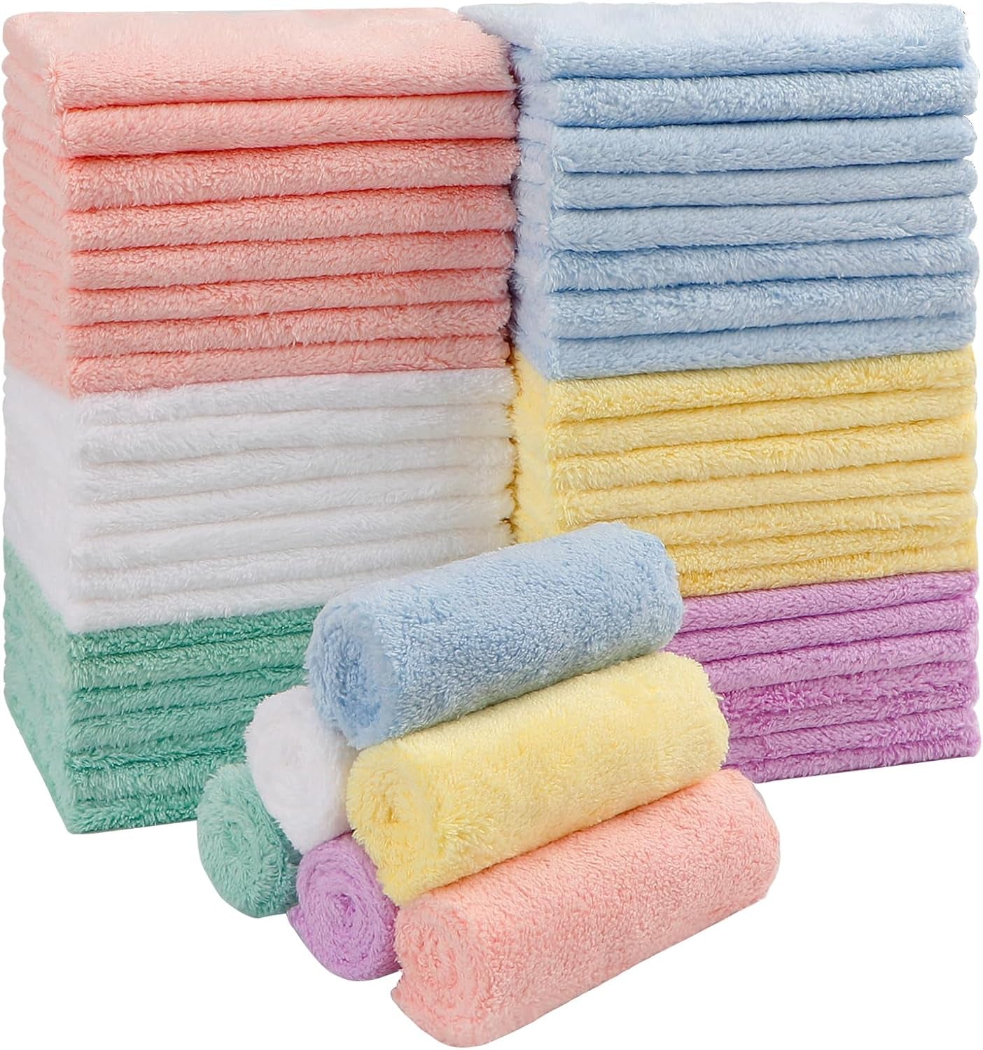 Baby Washcloths 50 Pack,Microfiber Coral Fleece Baby Bath Face Towel 7X9 Inch Extra Absorbent and Soft Burp Cloth and Wash Cloths for Newborn,Infants and Toddlers,Gentle on Sensitive Skin