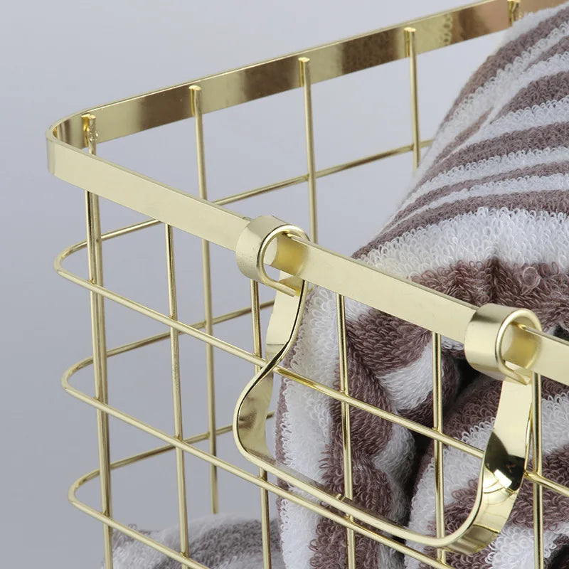 Creative Modern Nordic Style with Handle Gold Household Simple Storage Basket Rose Gold Household Iron Laundry Rack LB93013 Lid