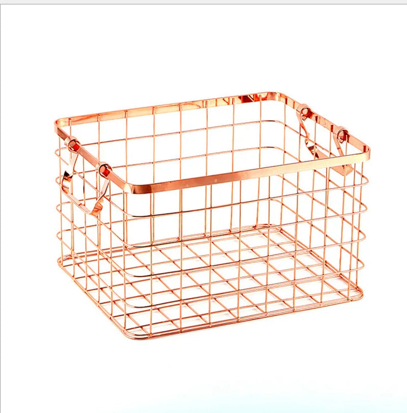 Creative Modern Nordic Style with Handle Gold Household Simple Storage Basket Rose Gold Household Iron Laundry Rack LB93013 Lid